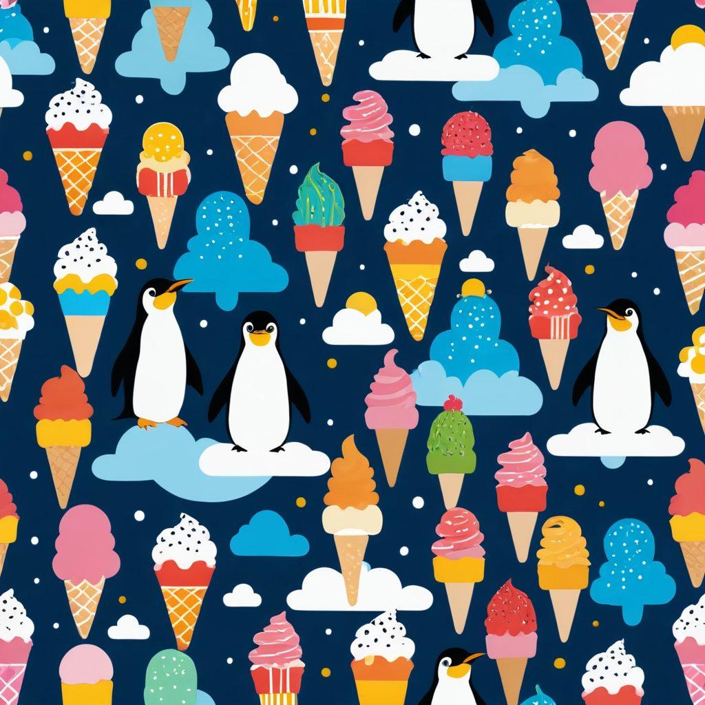 A colorful display of various frozen treats like ice creams, popsicles, and shaved ice in whimsical shapes and vibrant colors. Include a snowy background with playful penguins enjoying these icy delights. Add an inviting summer sun peeking through fluffy clouds to evoke a fun atmosphere. Emphasize creativity with unique flavors and toppings, showcasing a spectrum of textures. vector art. bright colors. playful style.