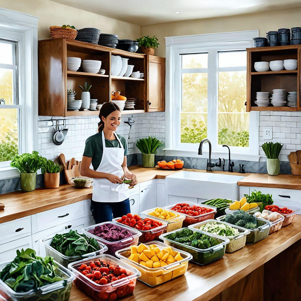 A cozy kitchen scene featuring a chef preparing colorful freezer-friendly meals with fresh ingredients. Show neatly organized containers filled with vibrant dishes like smoothie packs, soups, and casseroles, surrounded by herbs and spices. The ambiance should reflect a warm and inviting atmosphere, suggesting creativity and comfort in meal prep. Soft natural lighting enhances the fresh and appetizing look of the food. watercolor painting. warm tones. inviting atmosphere.