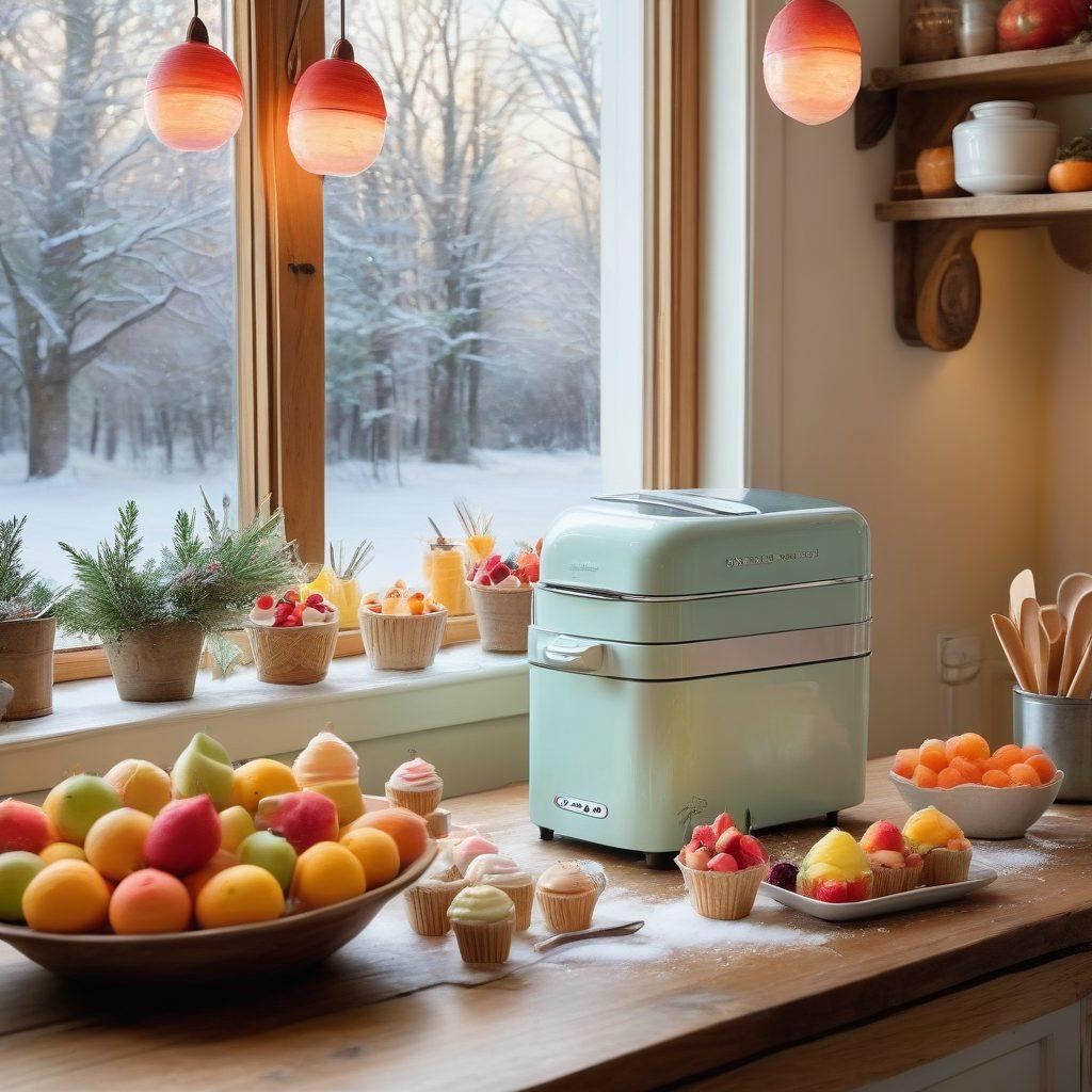 A serene snowy landscape with an inviting kitchen setting featuring a stylish ice cream maker. Show an array of colorful gourmet frozen desserts like sorbets and ice pops artistically arranged on a rustic wooden table, with twinkling fairy lights above. Include fresh fruits and herbs scattered around for a natural touch, capturing a cozy and refreshing atmosphere. watercolor style. soft pastel colors. white background.